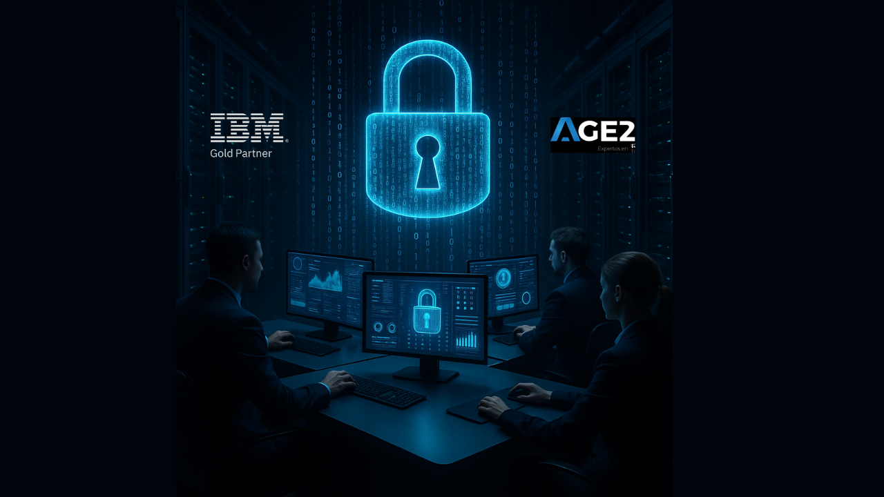 Equipo de ciberseguridad monitorizando infraestructuras TI con IBM Turbonomic, con logos de IBM Gold Partner y Age2.